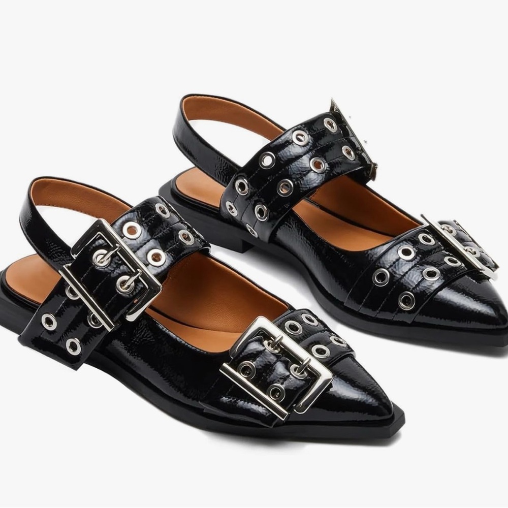 Black Patent Oversized Buckle Slingback Flats size 9 BN